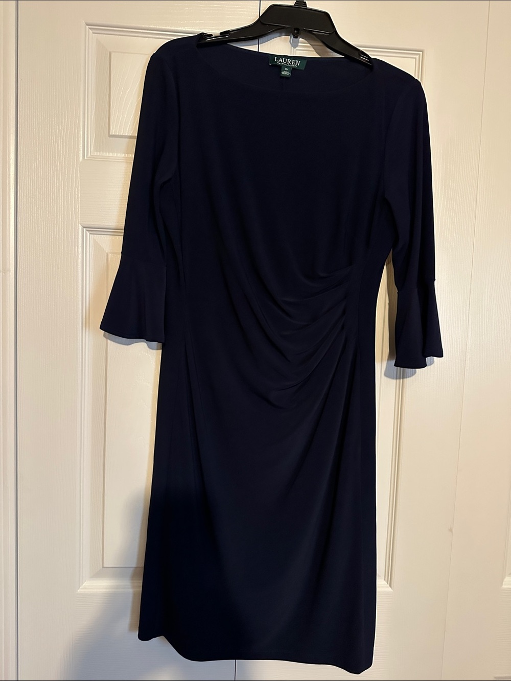 Lauren Ralph Lauren Navy Ruched Midi Dress with Flared Sleeves